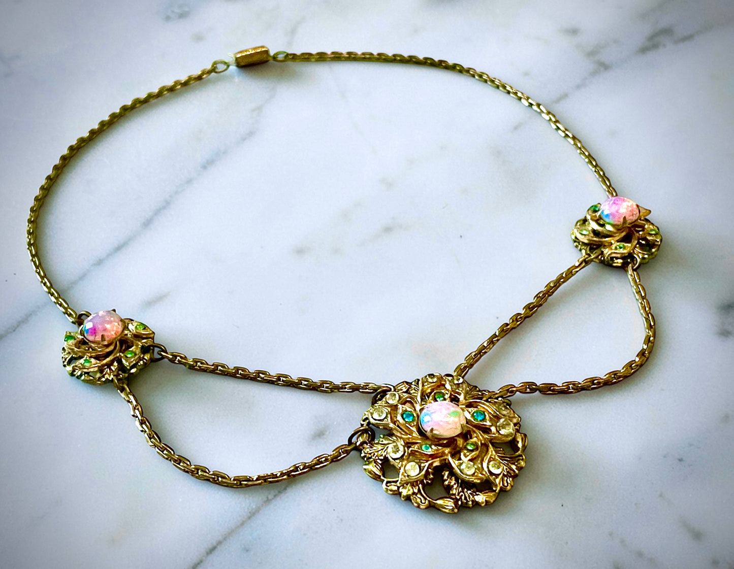 Edwardian Pink Gold Foil Art Glass Dragons Breath Fire Opal Festoon Necklace