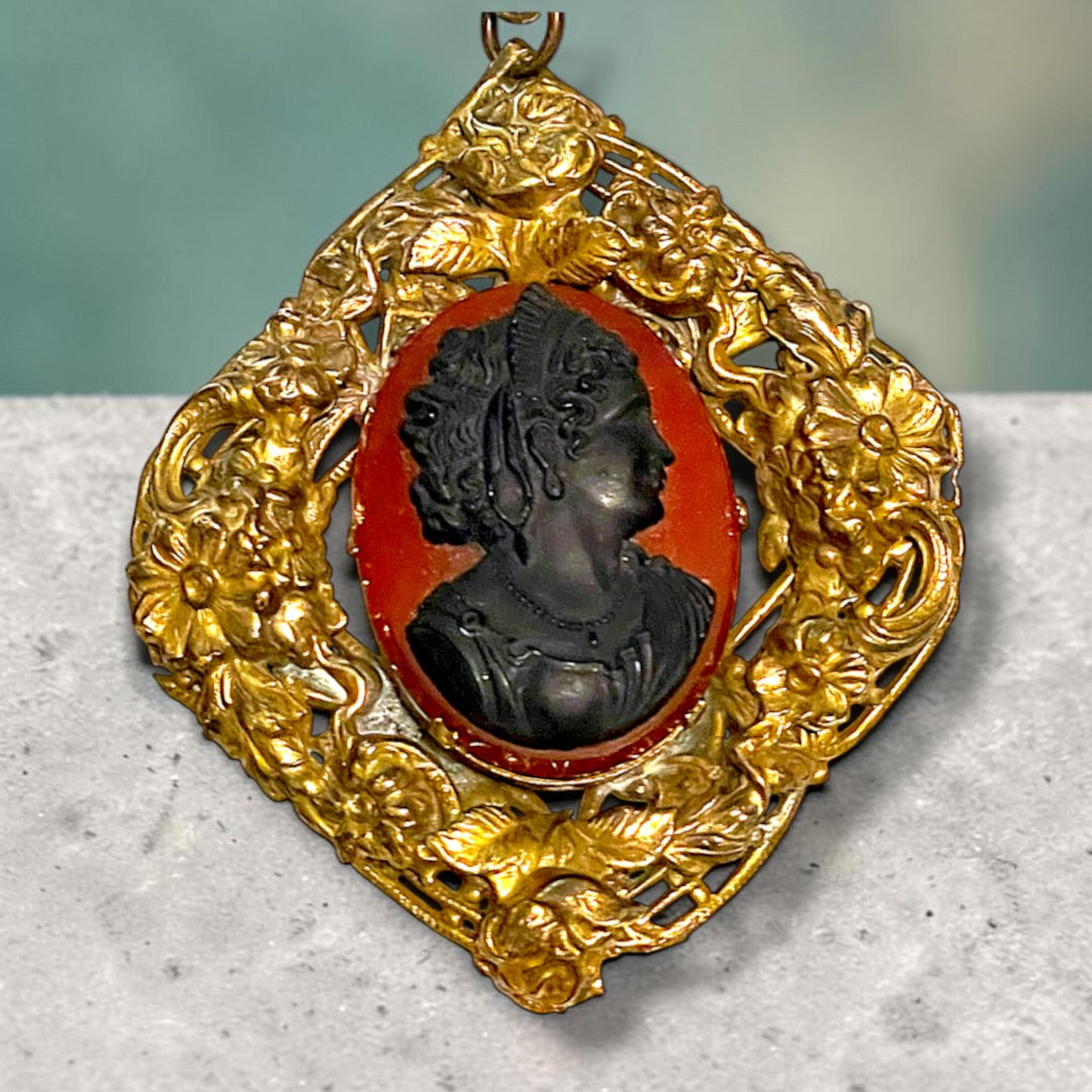 Huge Red & Black Art Glass Cameo Gilded Brass Repoussé Art Nouveau Floral Frame Pendant Necklace