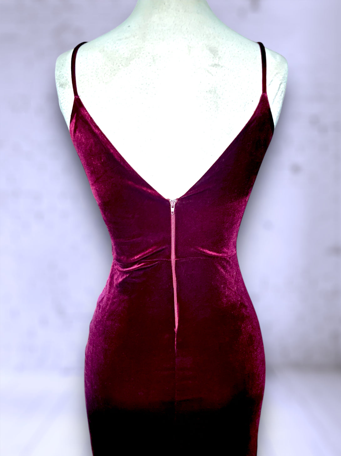 Vintage 1990’s Maroon Red Stretch Velvet Ruched Long Dress