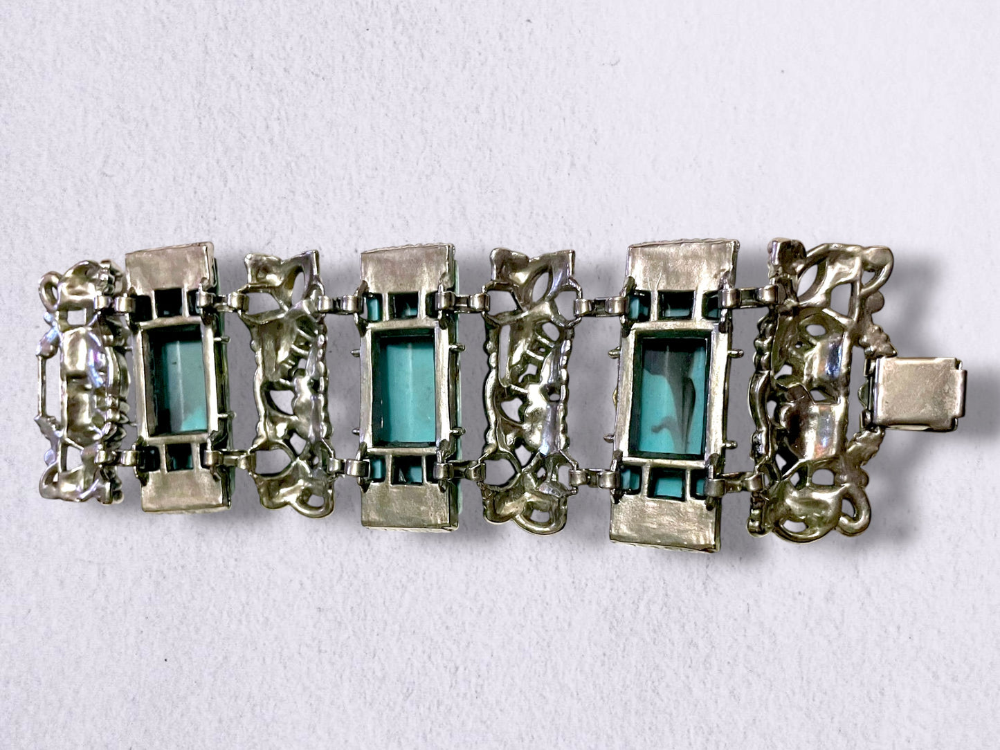 Mid Century Modern Chunky Silver Flower & Thermoset Faux Turquoise Panel Bracelet