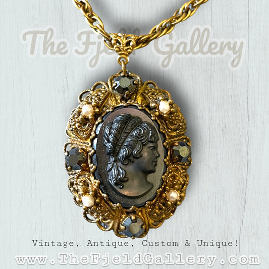 West German Black Hematite Glass Cameo with Pearls & Black Crystals Bezel Set in Gold Brass Filigree