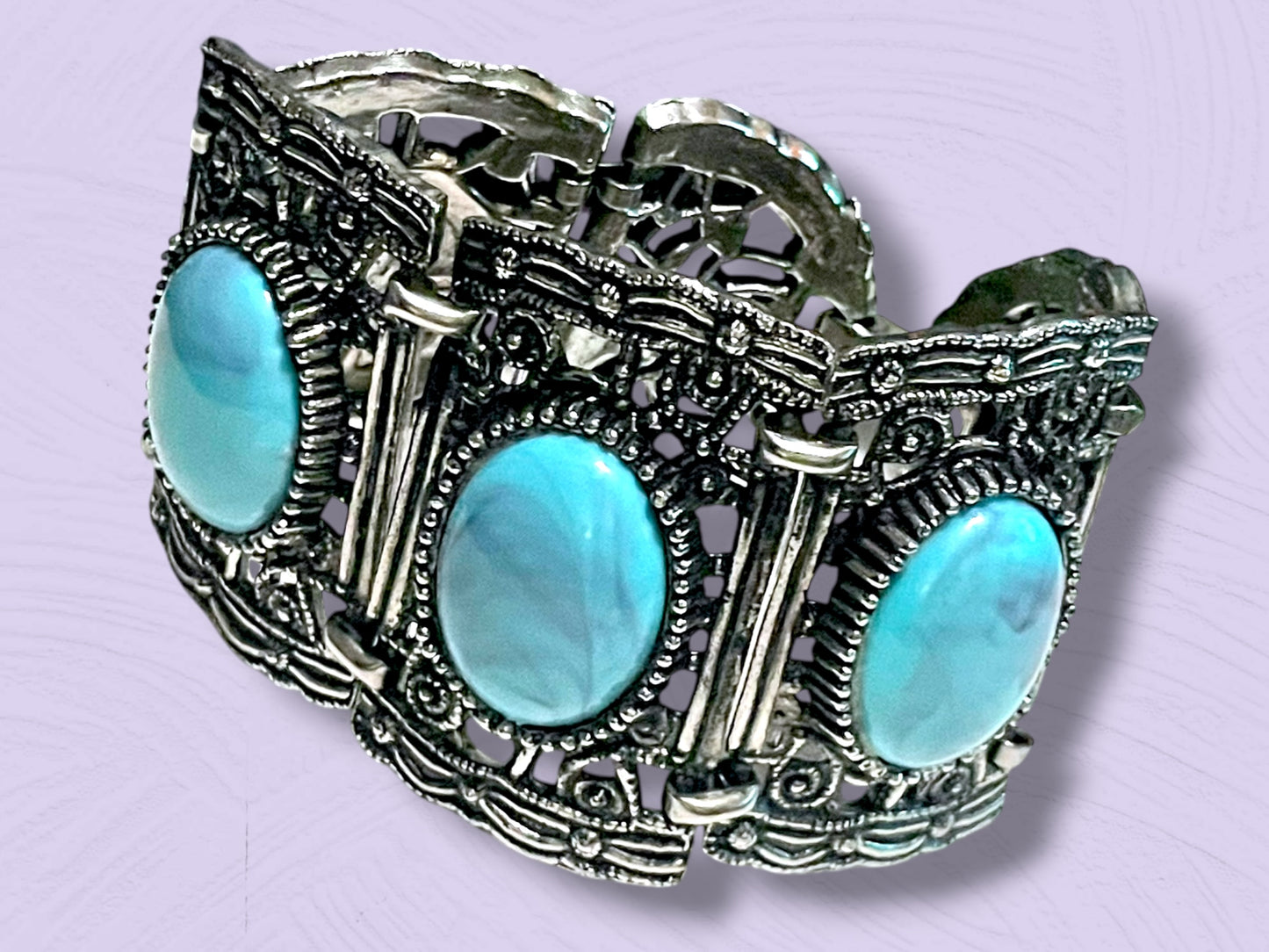 Vintage Chunky Silver Filigree Thermoset Faux Turquoise Panel Bracelet
