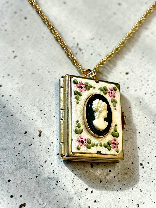 Vintage Coro Floral Frame Cloisonné Black Mourning Cameo Photo Book Locket Necklace