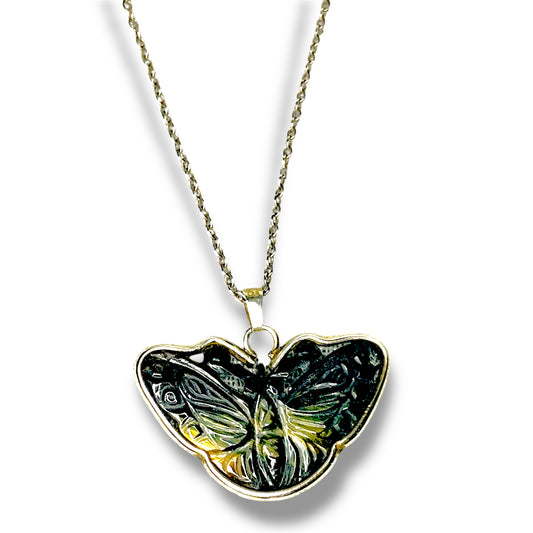 Sterling Silver Carved Tigers Eye Butterfly Necklace Pendant