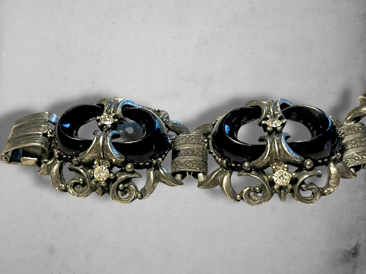 Victorian Booklink Chain Black Crescent Moon Crystal Panel Bracelet