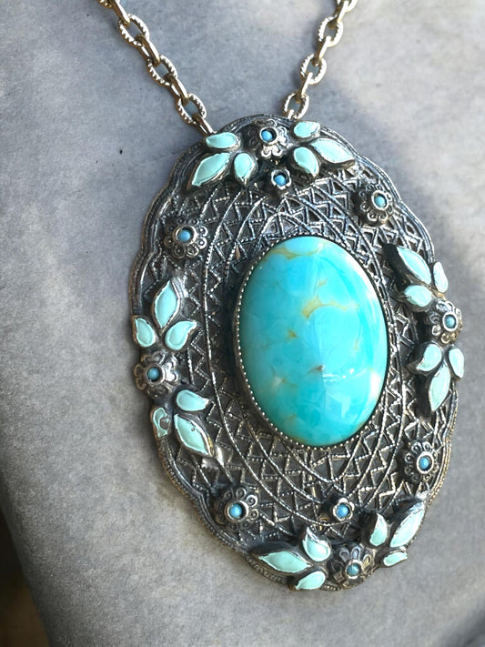 Edwardian Silver Filigree Czechoslovakian Hubble Turquoise Art Glass & Enamel Brooch Pendant Necklace