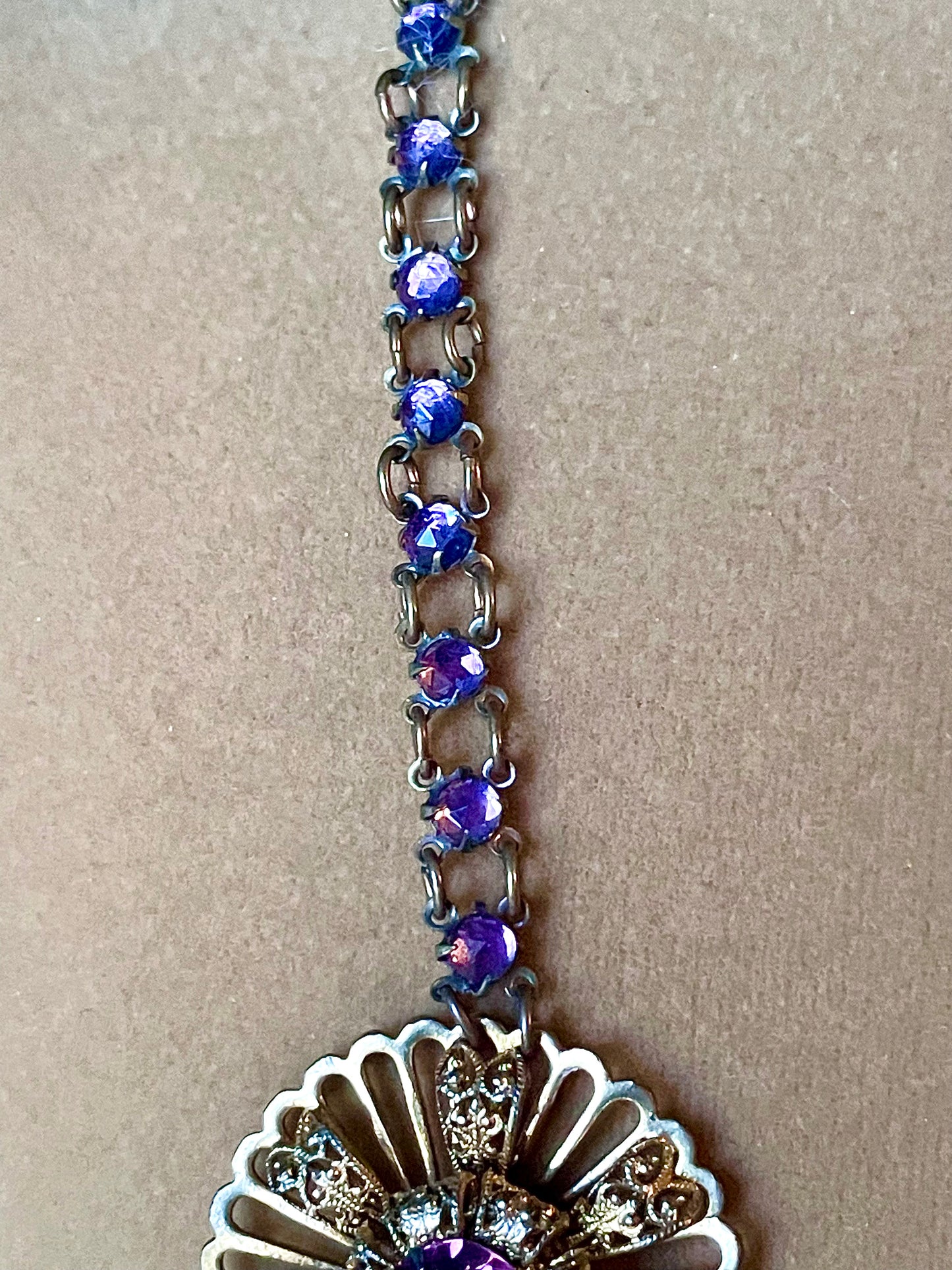 Victorian Book Link Purple Crystal Brass Filigree Choker Necklace