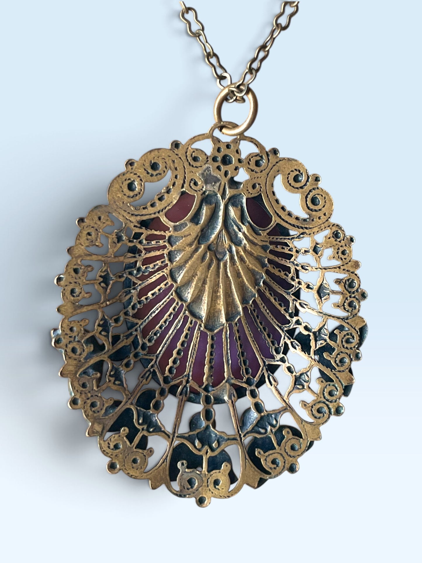 Art Nouveau Nieger Brothers Purple Cat Eye Star Art Glass Enamel Flower Brass Filigree Necklace