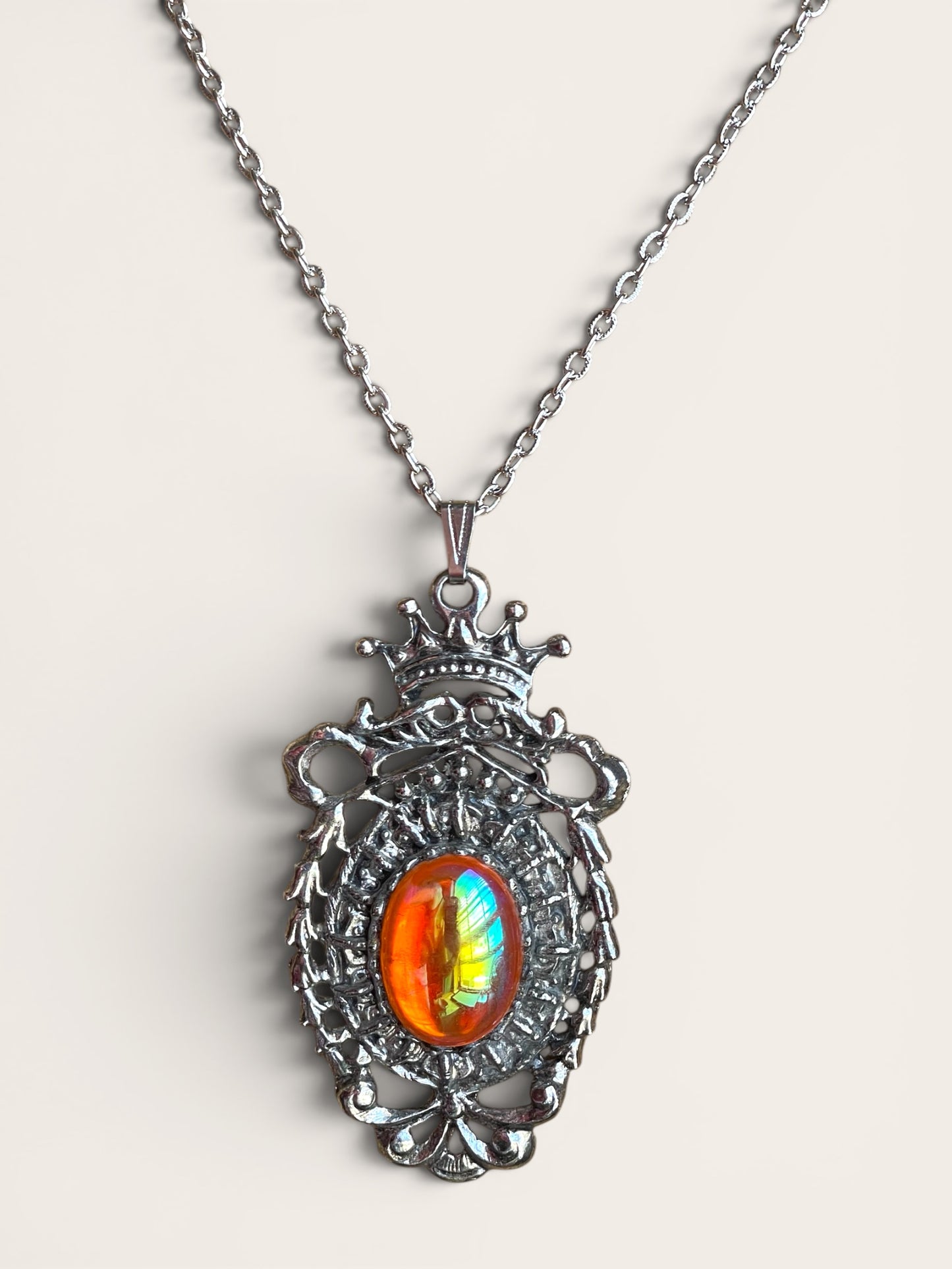 Royal Regency Orange Pink Carnival Art Glass Silver Crown & Garland Pendant Necklace