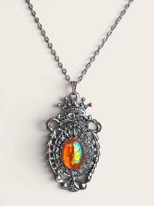 Royal Regency Orange Pink Carnival Art Glass Silver Crown & Garland Pendant Necklace