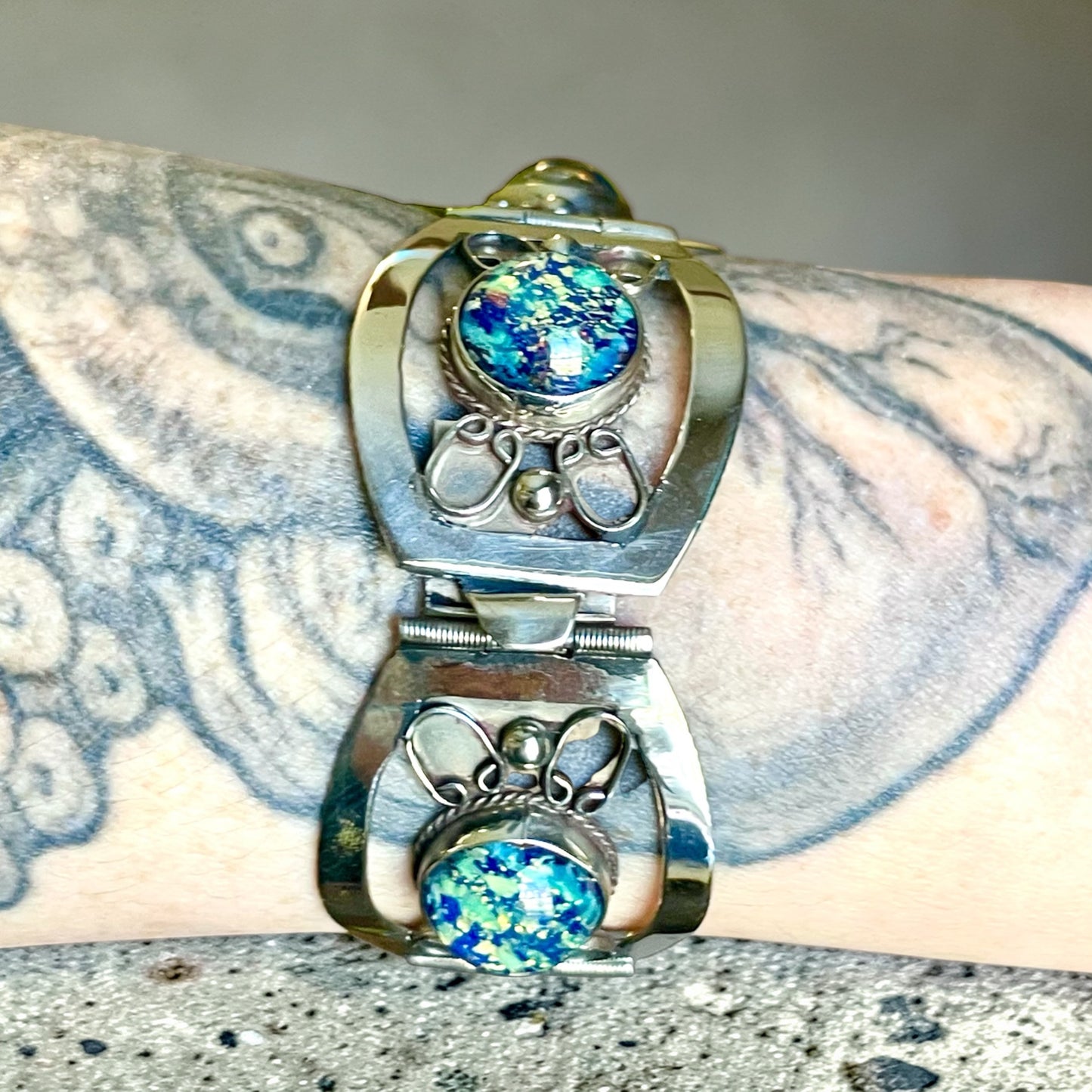 Sterling Silver Blue Green Dragons Breath Fire Opal Taxco Mexico Panel Bracelet