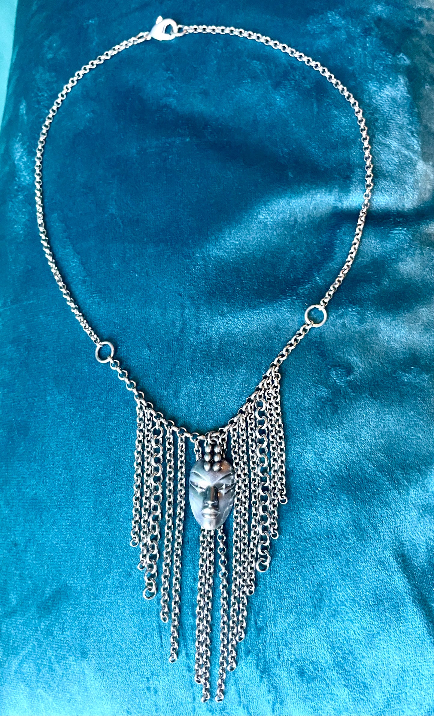 Designer Thierry Mugler Silver Face Fringe Necklace