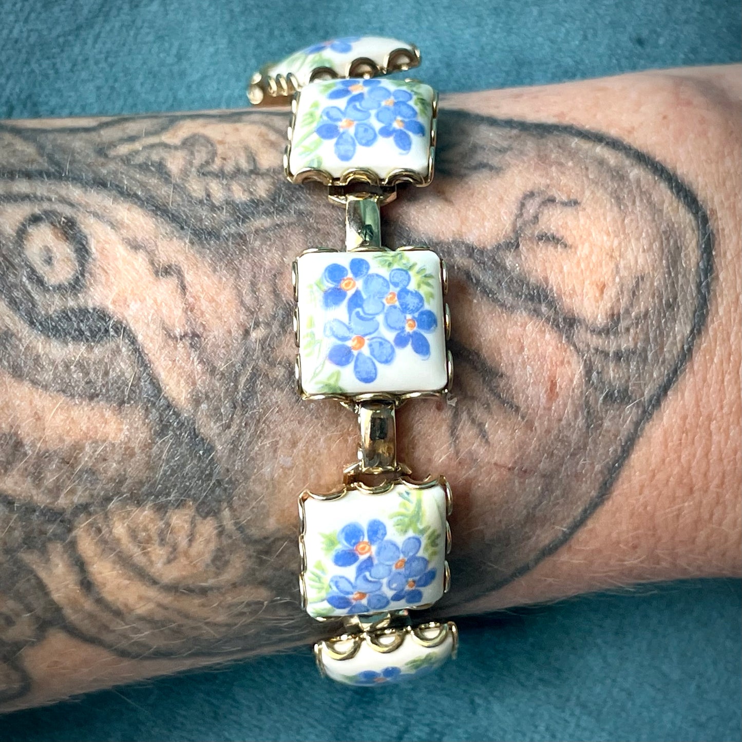 Vintage Blue Forget Me Not Flower Hand Painted Porcelain Limoge Panel Link Bracelet & Earring Demi Parure