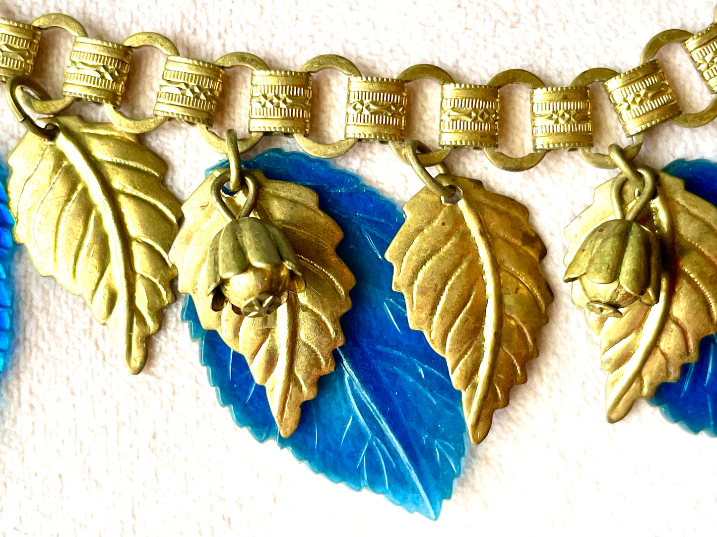 Miriam Haskell Embossed Brass & Turquoise Translucent Early Plastic Leaf & Bell Victorian Booklink Choker Necklace
