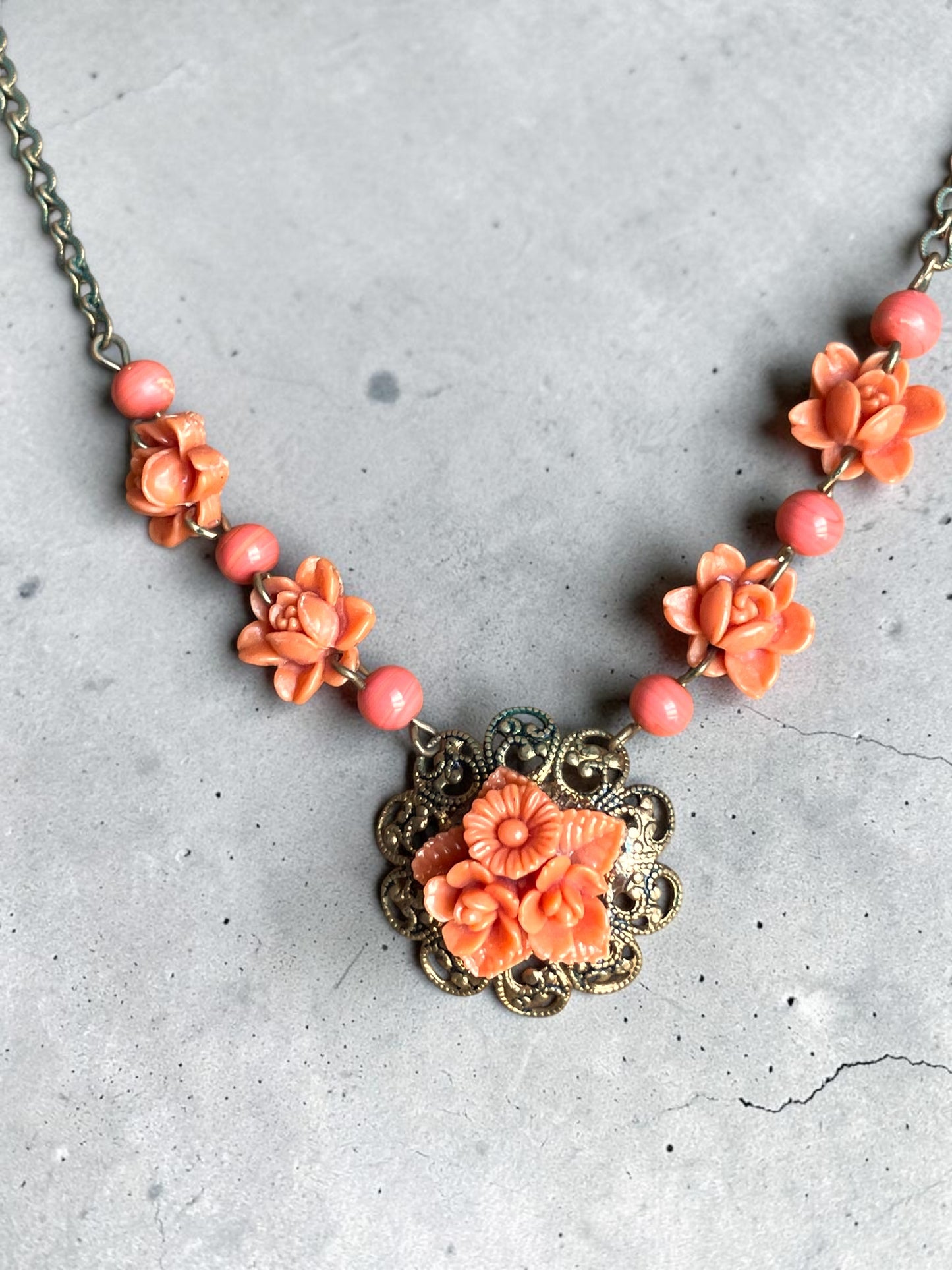 Art Nouveau Coral Orange Pink Celluloid Flower & Art Glass Bead Brass Necklace