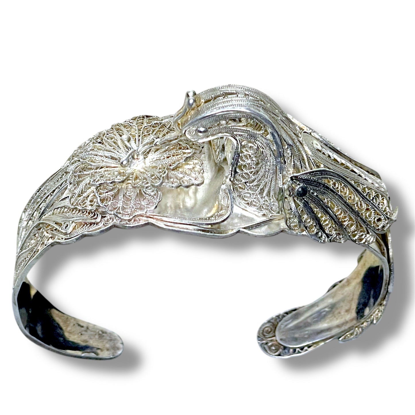 Incredible Sterling Filigree Peacock & Flower 3D Cuff Bracelet