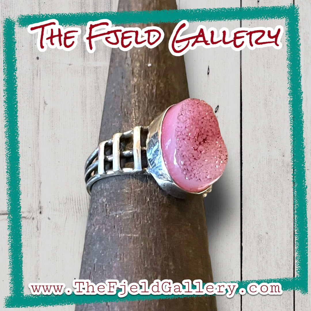 Pink Geode Agate Sterling Silver Ring