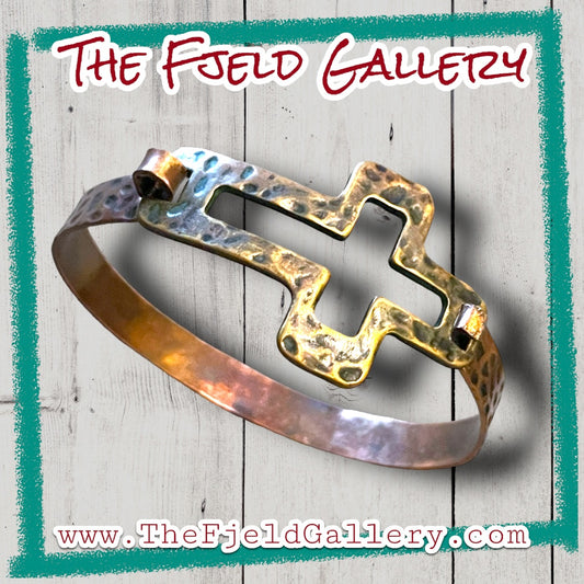 Vintage Copper Hammered Religious Cross Bangle Bracelet