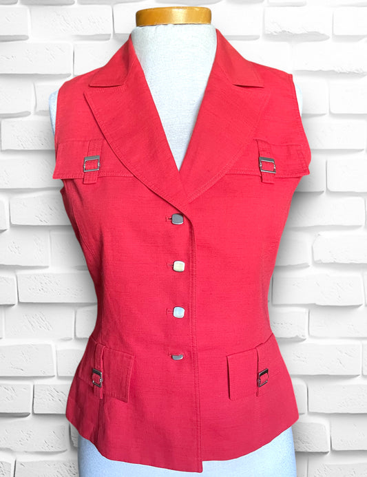 Vintage 1990’s Safari Style Red Linen Sleeveless Vest Shirt