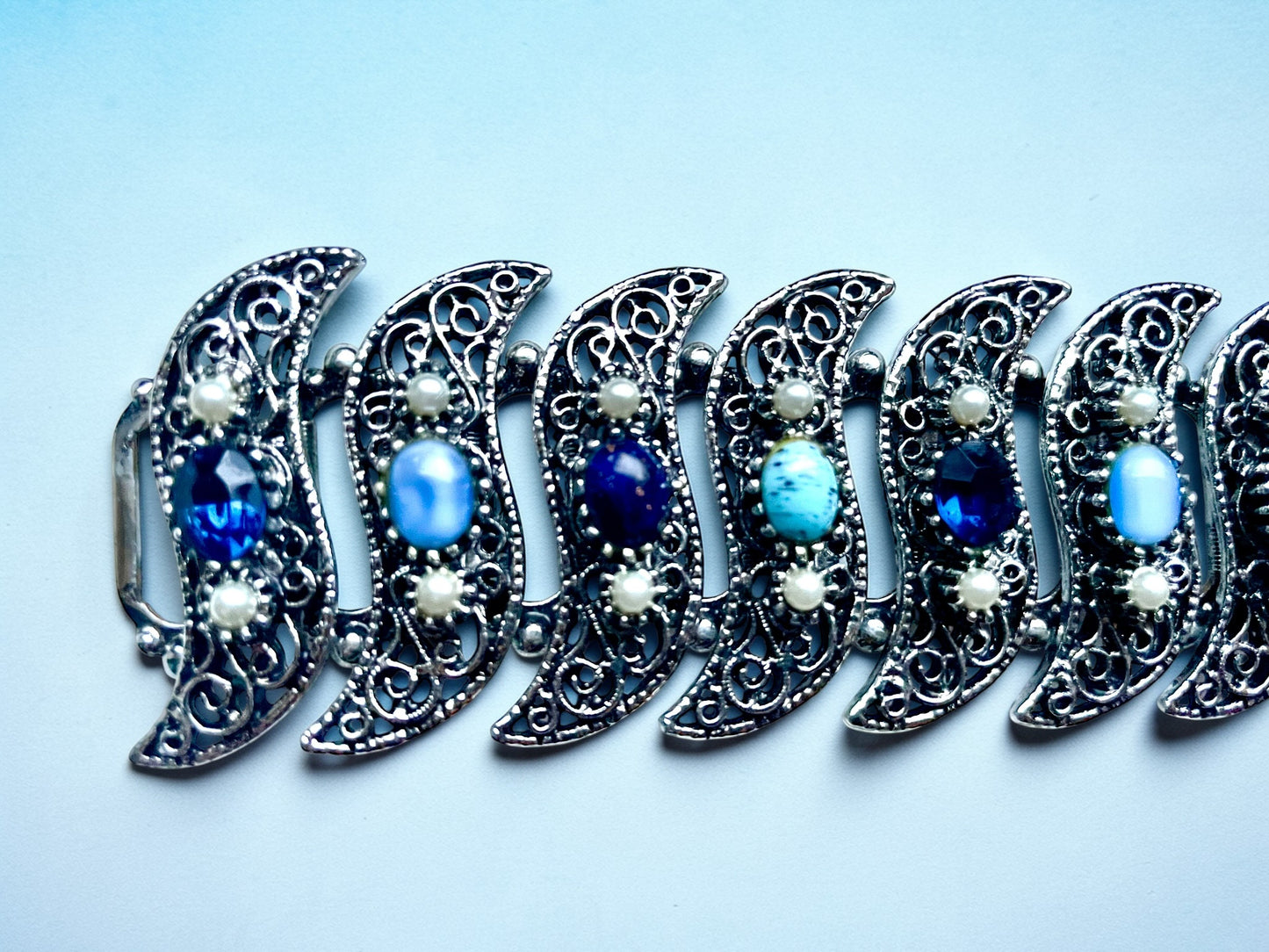 Turquoise, Saphire, Cats Eye Art Glass & Crystal Bookchain Silver Chunky Panel Bracelet & Earring Set