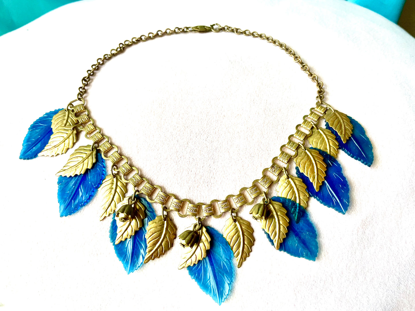 Miriam Haskell Embossed Brass & Turquoise Translucent Early Plastic Leaf & Bell Victorian Booklink Choker Necklace