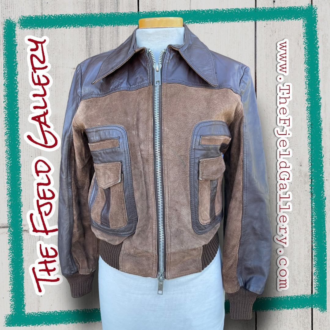 Vintage Brown Leather, Suede & Knit Bomber Jacket with Double Zipper