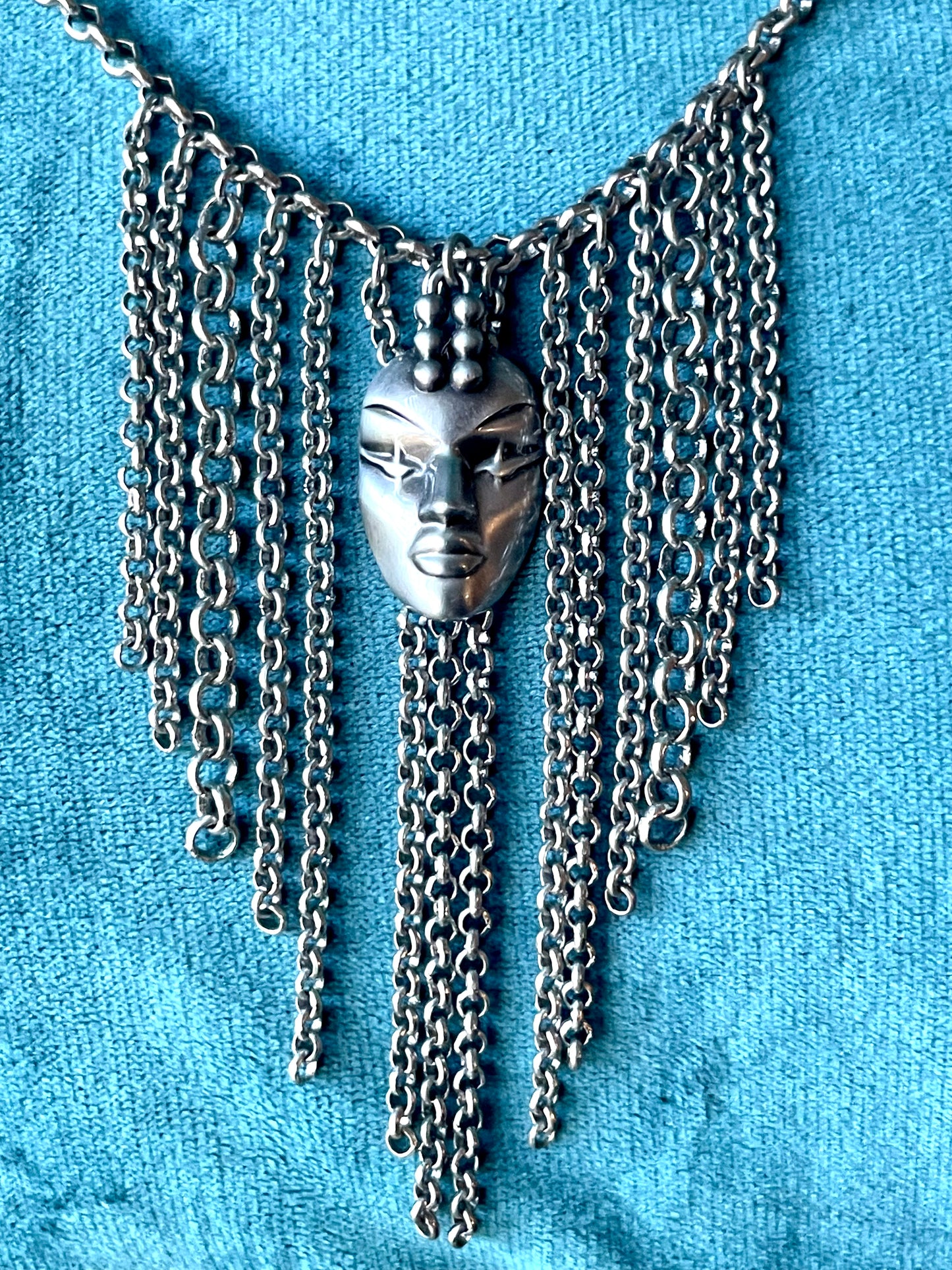 Designer Thierry Mugler Silver Face Fringe Necklace