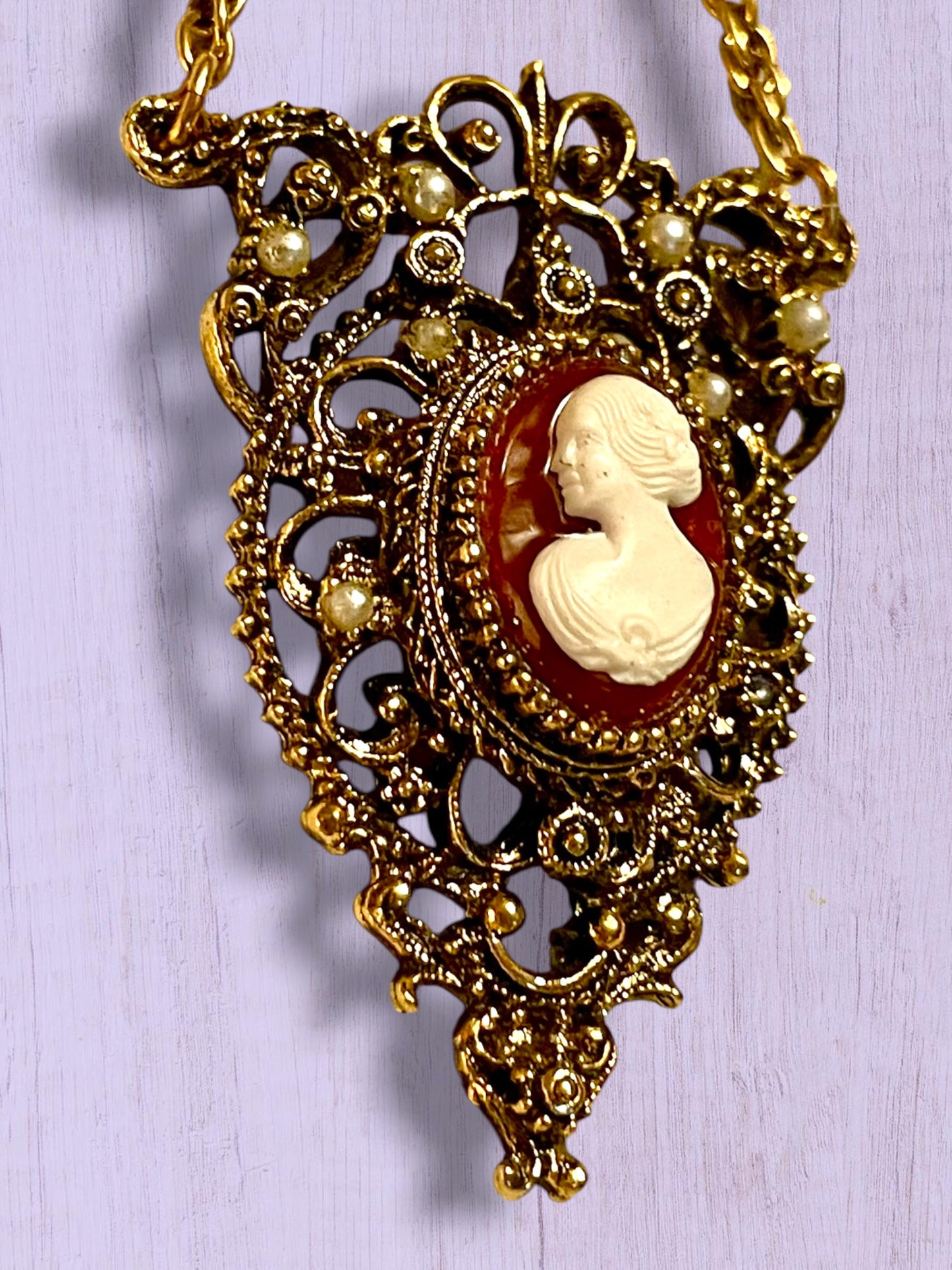 Ornate Victorian Rococo Revival Double Cameo Drop Pearl Necklace