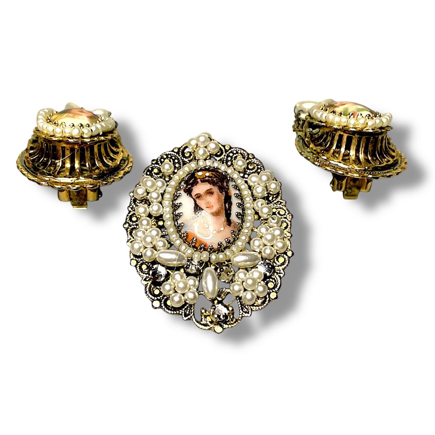 Antique Cameo & Pearl Gold Filigree Necklace, Brooch & Earring Demi Parure Set