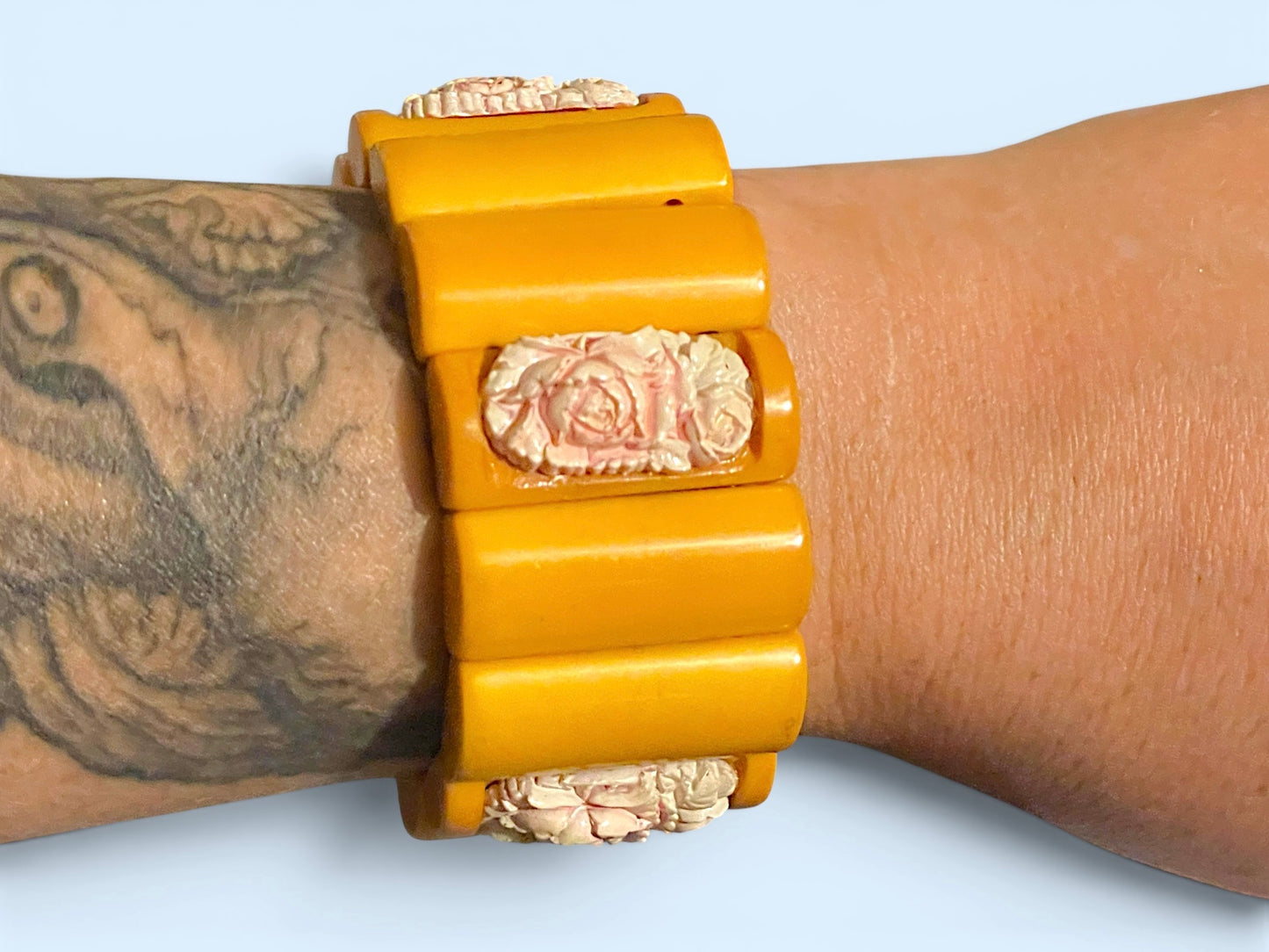 Antique Butterscotch Bakelite & Pink Molded Rose Celluloid Link Stretch Bracelet