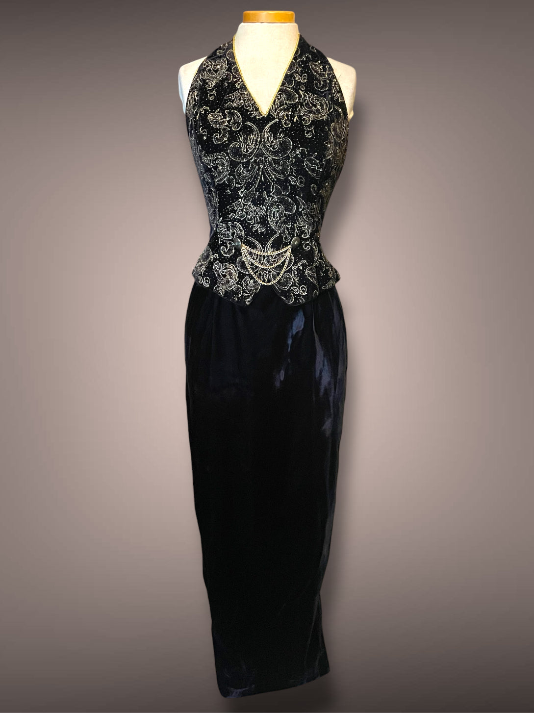 Vintage 1990’s Scott McLintock Black Velvet Maxi Pencil Halter Dress with Gold Glitter Damask Pattern