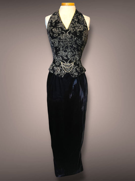 Vintage 1990’s Scott McLintock Black Velvet Maxi Pencil Halter Dress with Gold Glitter Damask Pattern