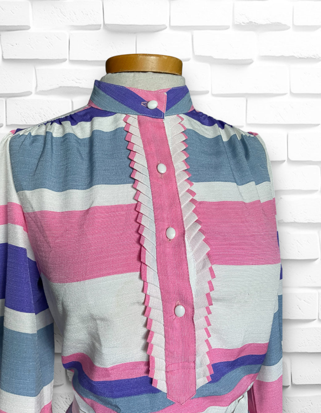 Vintage 1960’s Pink, Purple, White & Grey Striped Skirt & Long Sleeve Ruffle Shirt Set