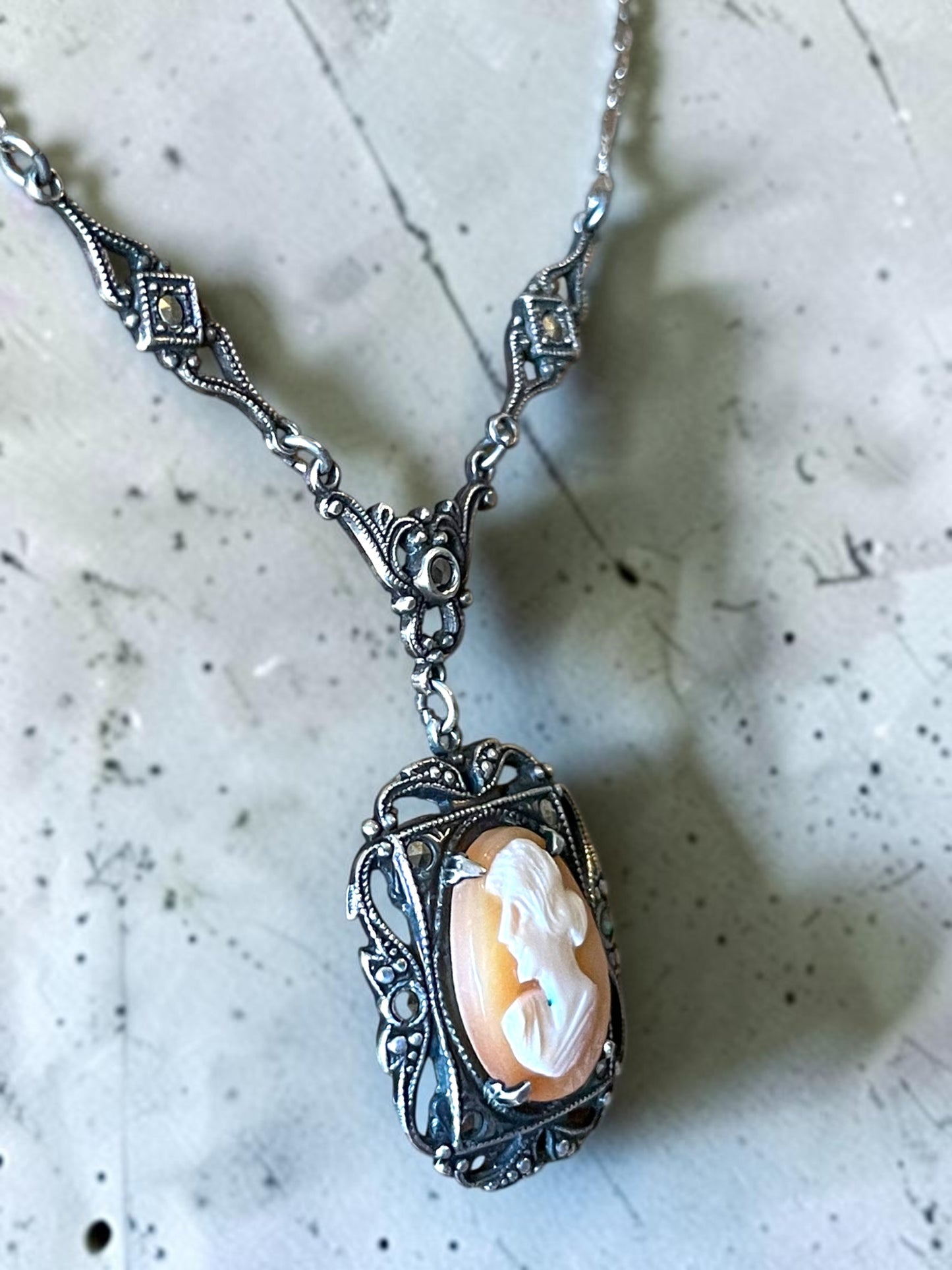 Victorian Sterling Silver & Marcasite Hand Carved Shell Cameo Necklace