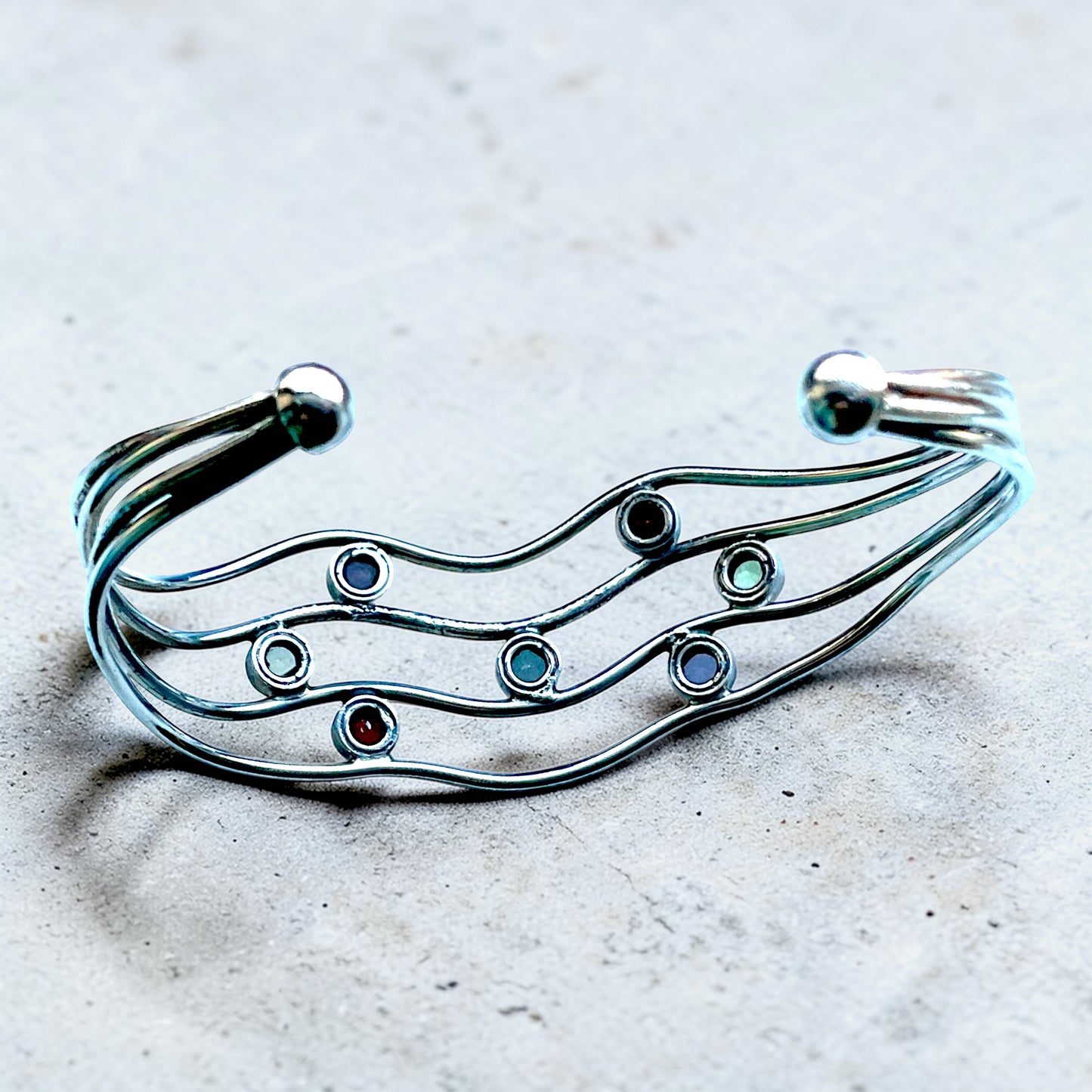 Sterling Silver Wavy Wire Aquamarine, Garnet, Amethyst, Peridot & Citrine Gemstone Cuff Bracelet