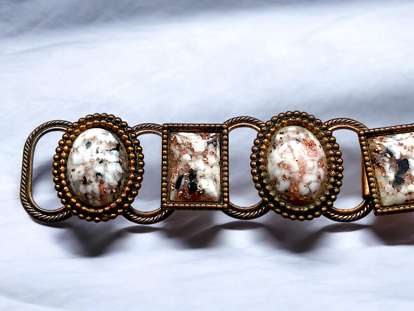 1960’s Copper Link Marble Confetti Foil Art Glass Chunky Bracelet