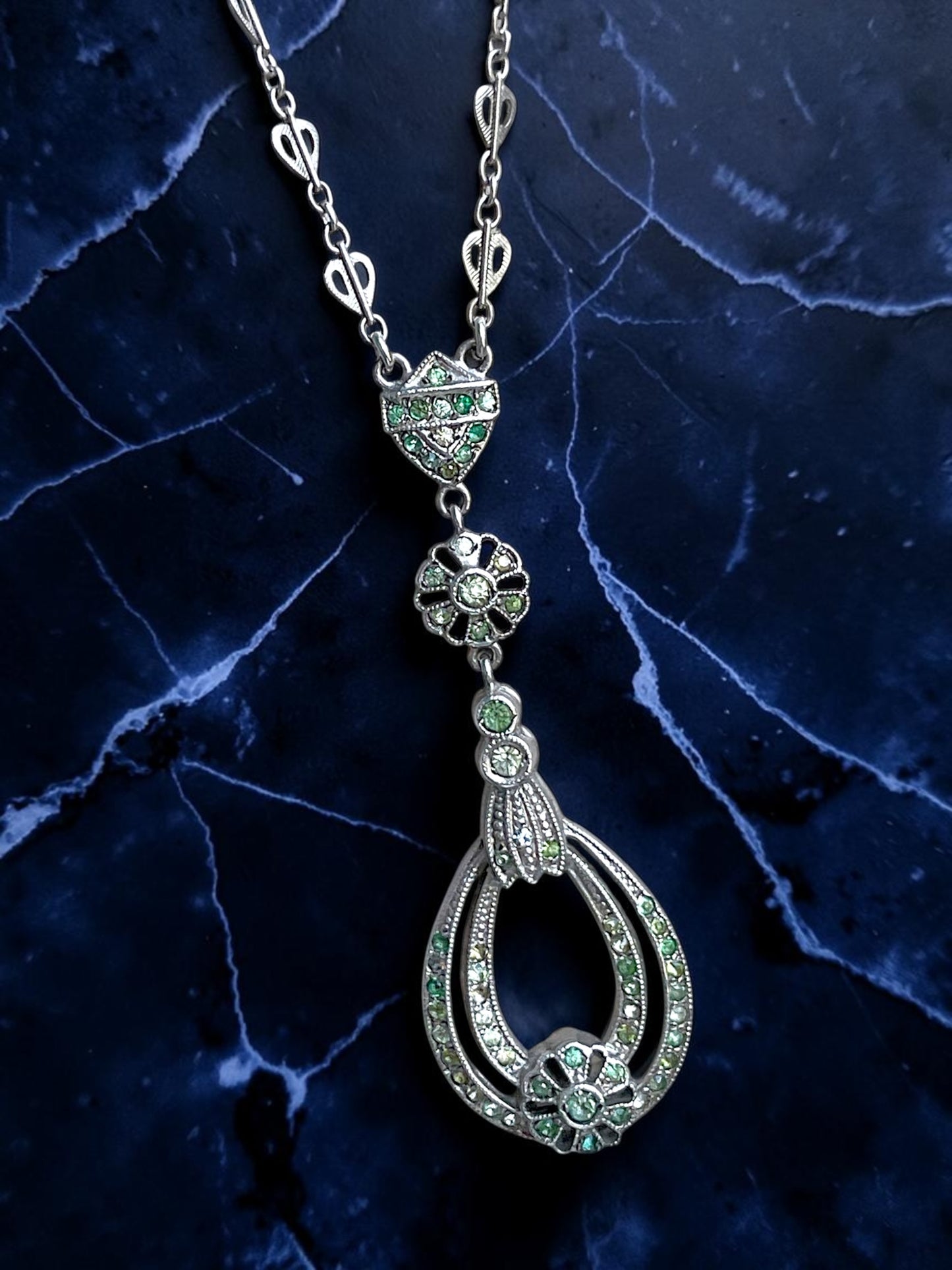Art Deco Sterling Silver Crystal Floral Drop Y Necklace