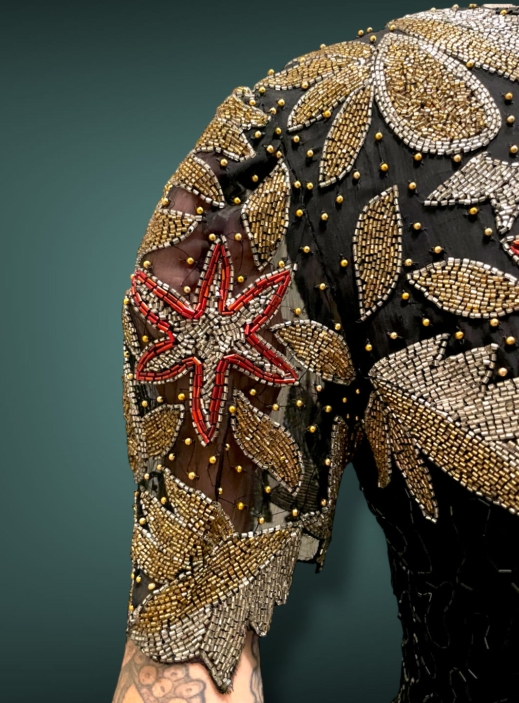 Vintage 1980’s Silk NYE Gold Silver Red & Black Glass Bead Short Dress