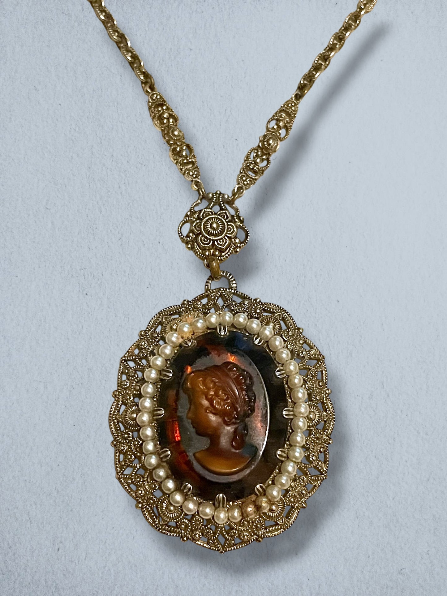 West German Amber Art Glass Cameo, Pearl Brass Filigree Necklace