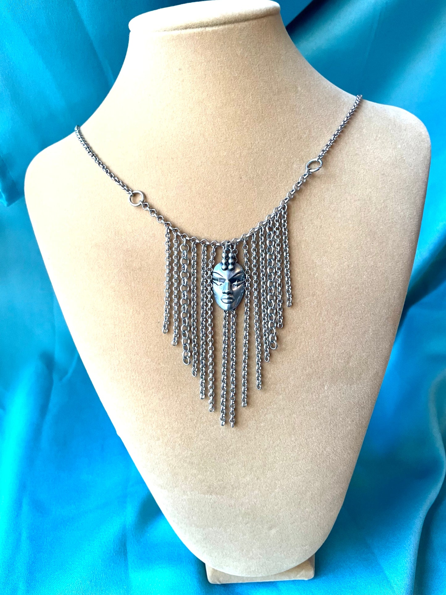 Designer Thierry Mugler Silver Face Fringe Necklace