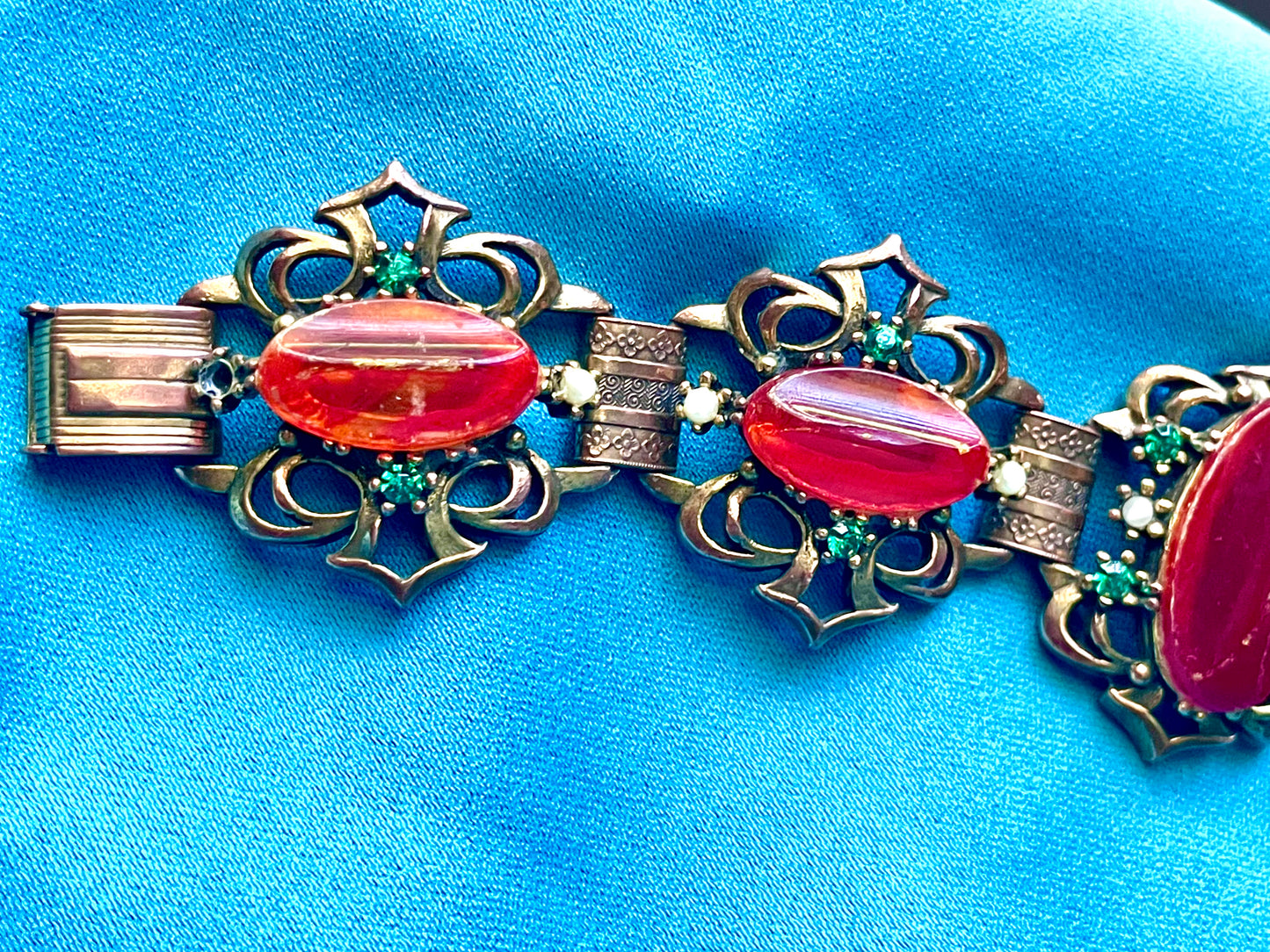 Heavy Brass Booklink Red-Orange Faux Amber Celluloid, Green Crystal & Pearl Panel Link Bracelet