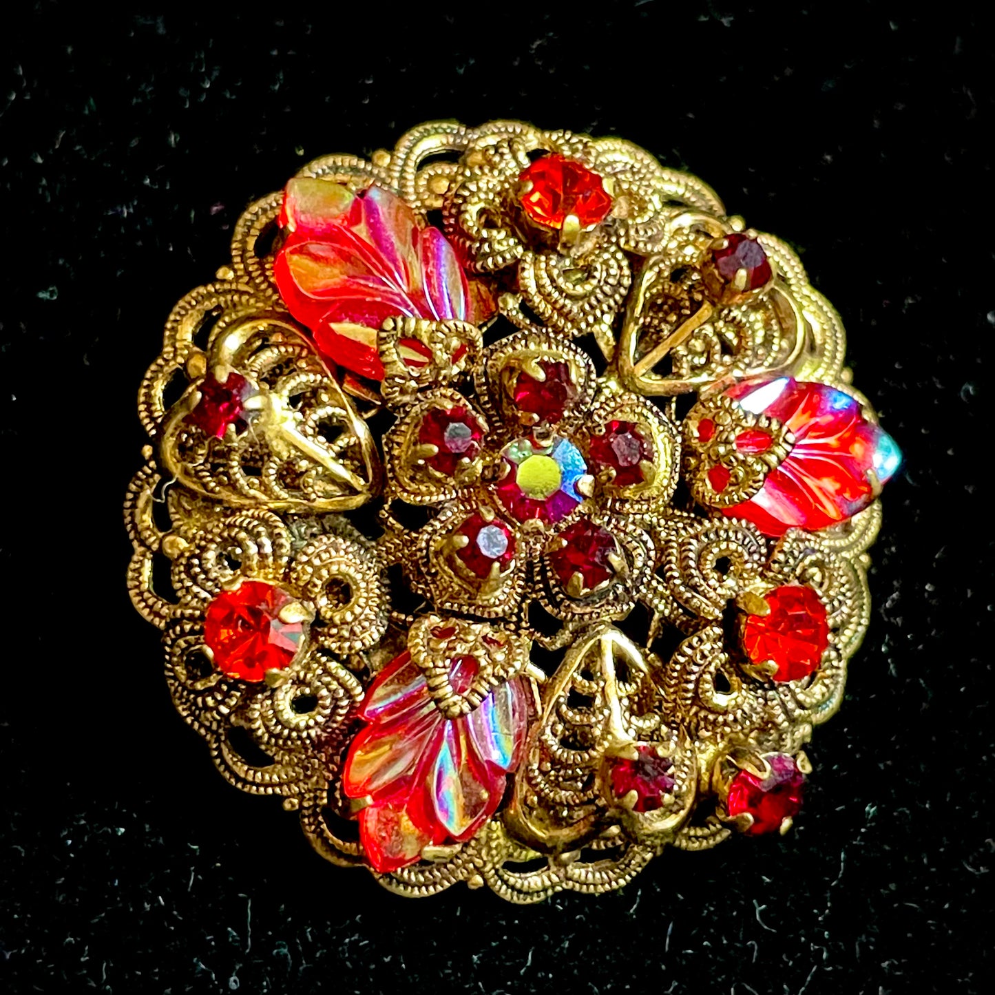 Red Carnival Art Glass Leaf & AB Crystal West German Brass Filigree Brooch