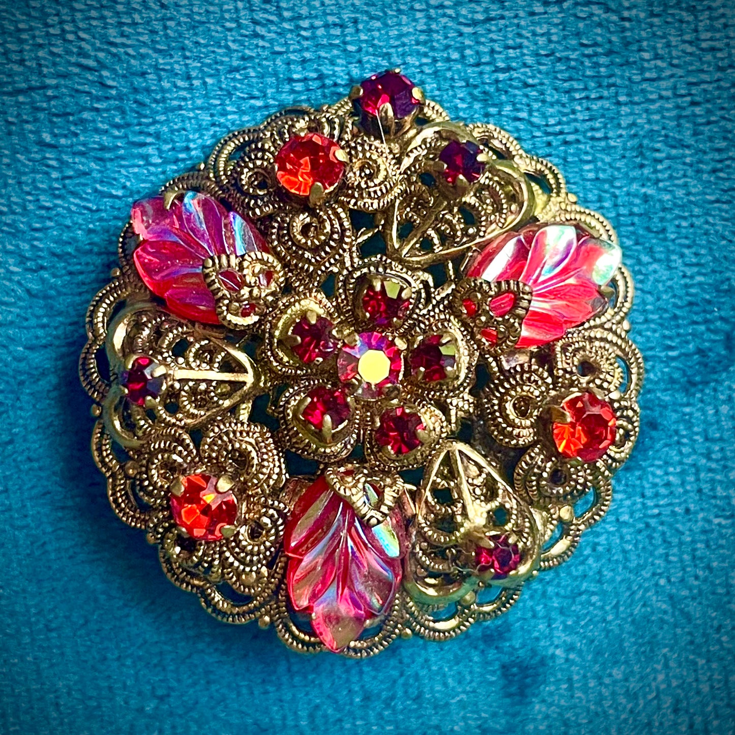 Red Carnival Art Glass Leaf & AB Crystal West German Brass Filigree Brooch