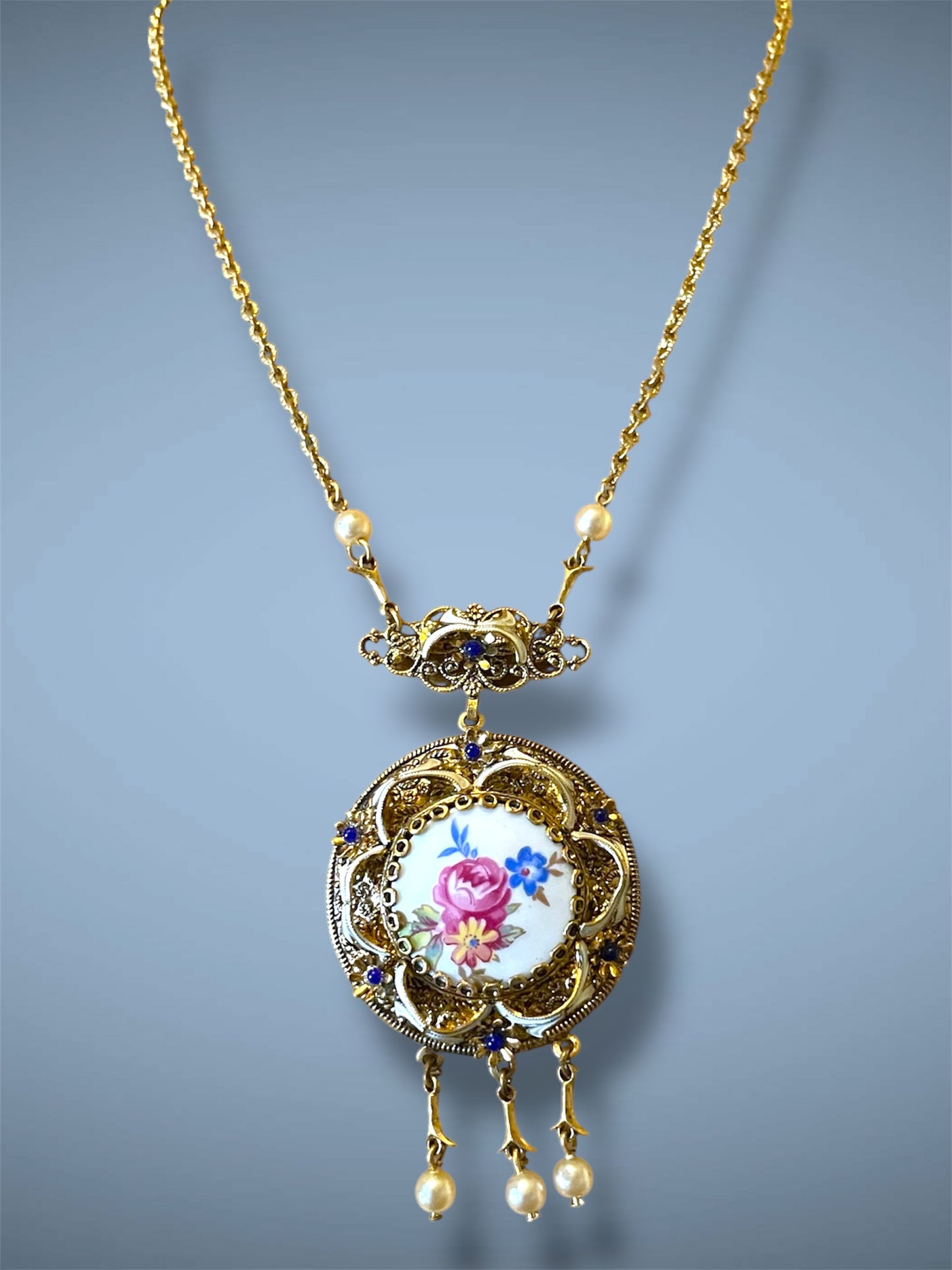 Art Nouveau Gilded Brass Filigree Porcelain Rose Floral Bouquet Limoge, Cloisonné Enamel & Blue Art Glass Necklace