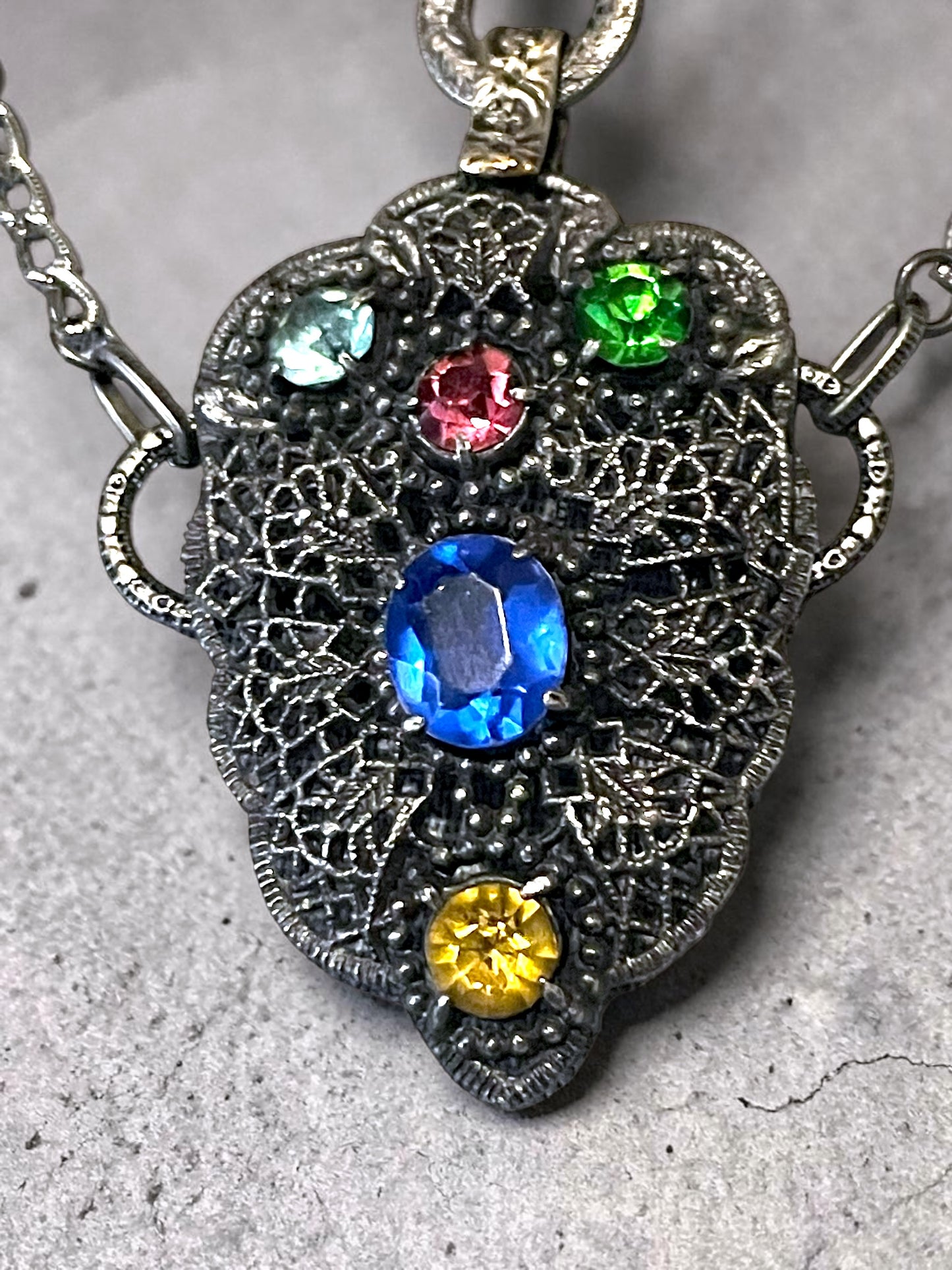 Czech Silver Filigree Fruit Salad Multi-color Leaded Past Stone Crystal Saphire, Emerald, Aquamarine, Ruby & Citrine Festoon Necklace