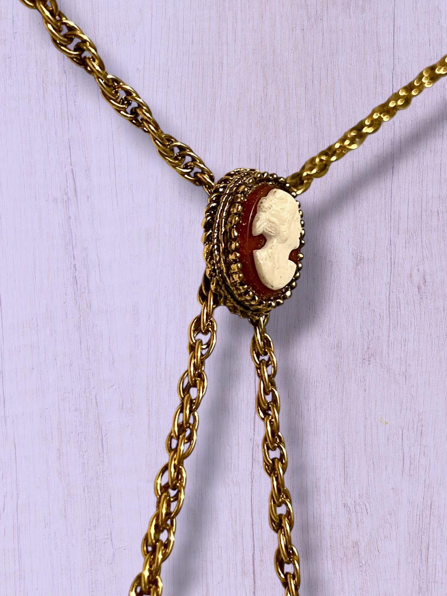 Ornate Victorian Rococo Revival Double Cameo Drop Pearl Necklace