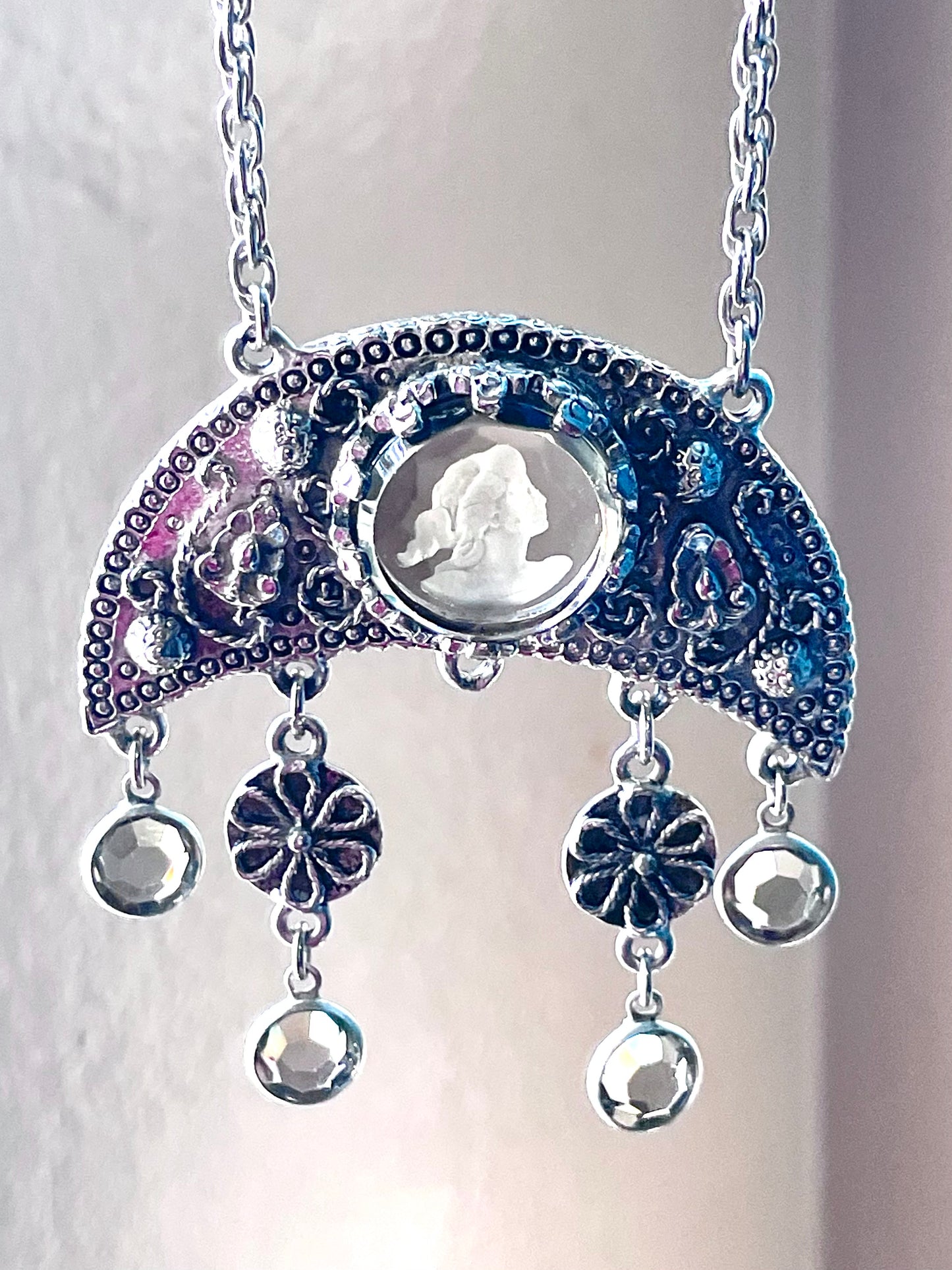 Grey Faceted Intaglio Cameo Crescent Moon Dangling Crystal Vintage Necklace