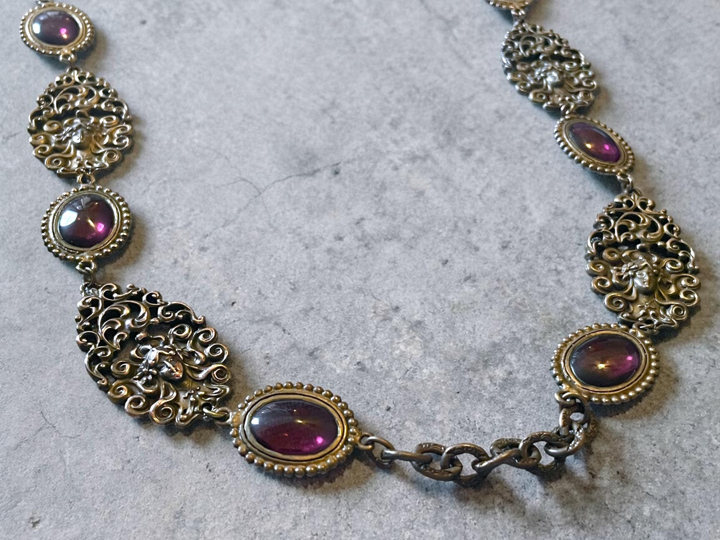 Art Nouveau Woman’s Face Flowing Hair Brass Purple Art Glass Long Necklace