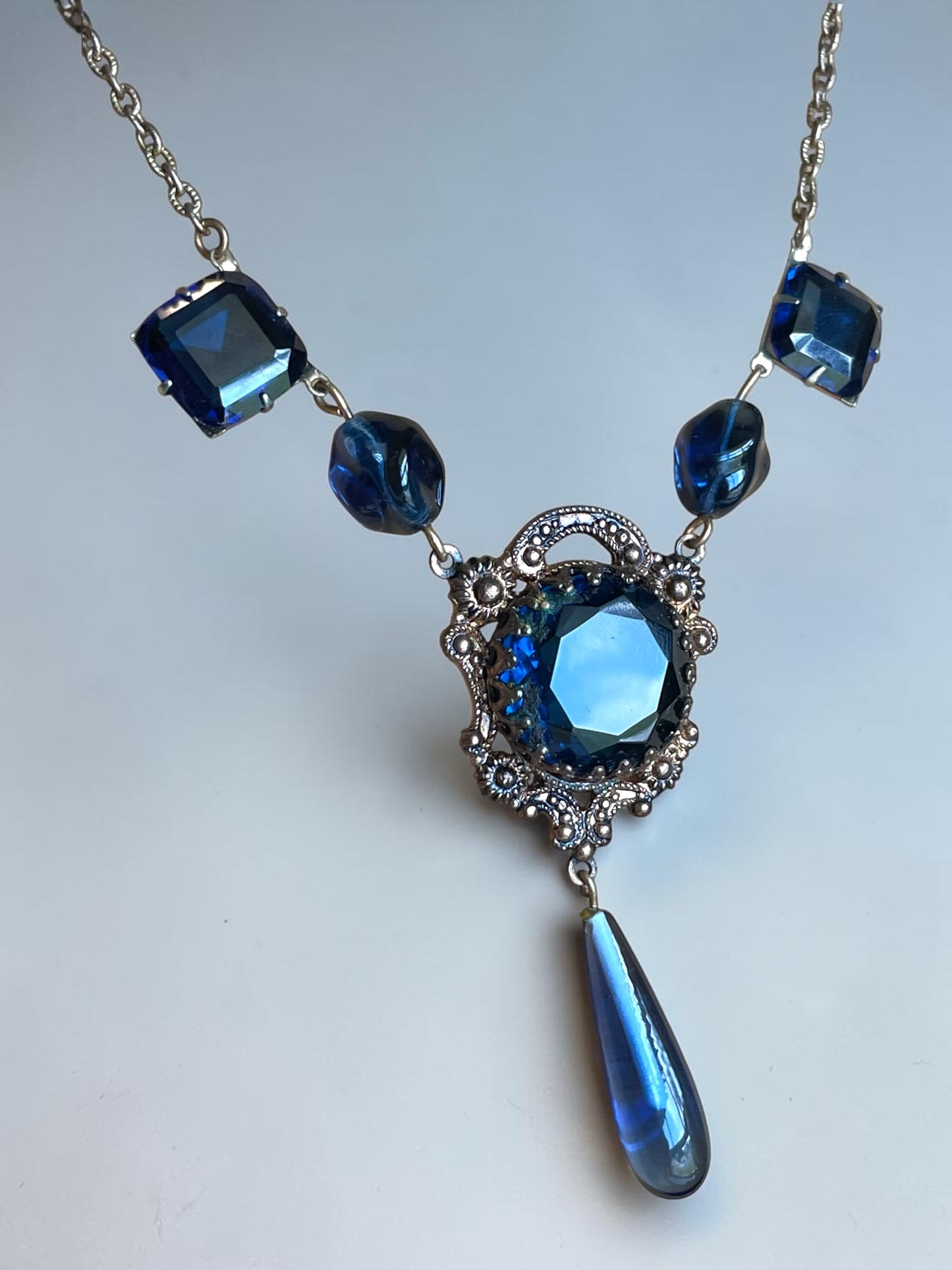 Art Nouveau Saphire Blue Czech Art Glass Brass Filigree Necklace