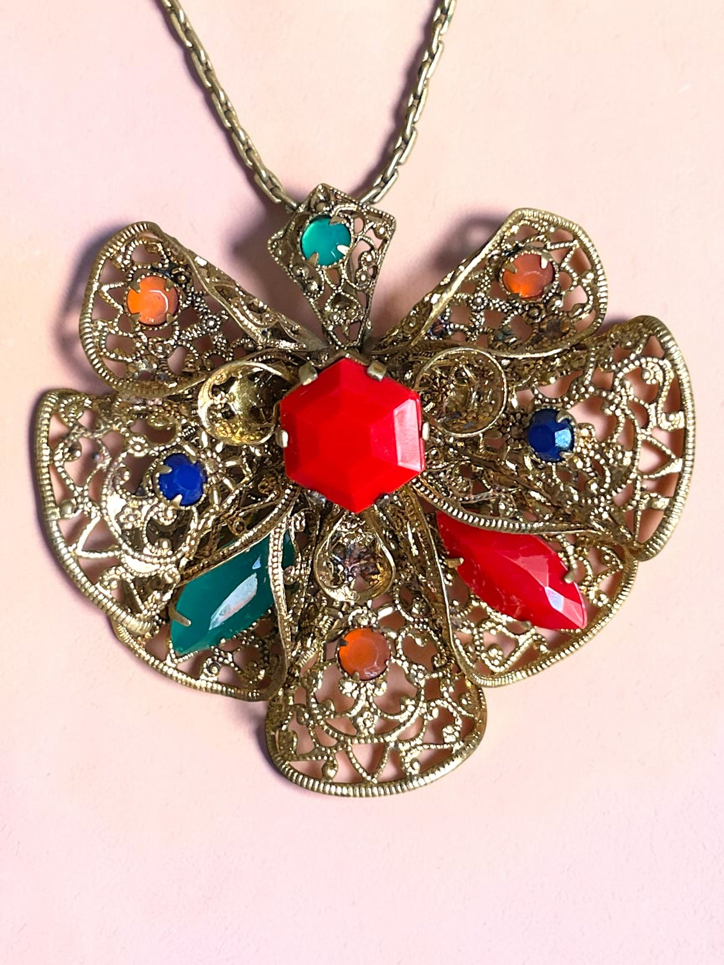 Czechoslovakian Red, Blue, Green & Orange Faceted Art Glass Brass Filigree Necklace